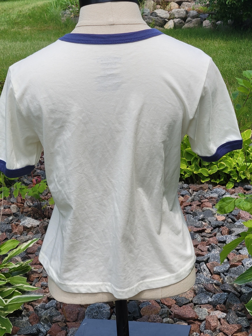Mighty Fine Cream Short Sleeve Ringer Tee with Navy Trim XS - Picture 2 of 6